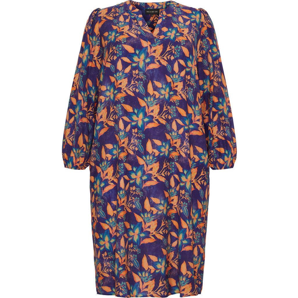 NO. 1 BY OX Dress v neck LS puff Kjoler cobalt blue w orange leaves