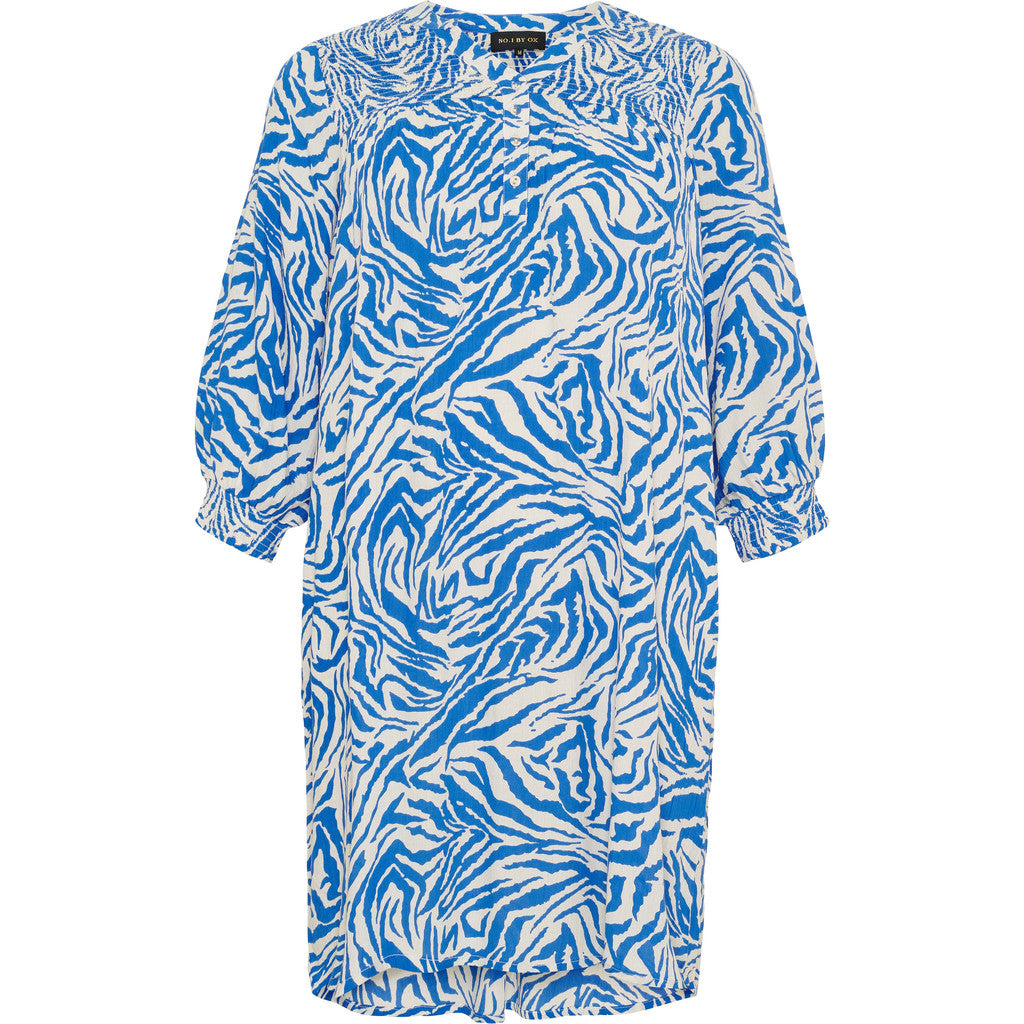 NO. 1 BY OX Dress w smock top part and 3/4 sleeves smock cuffs Kjoler Cream w deep blue animal print