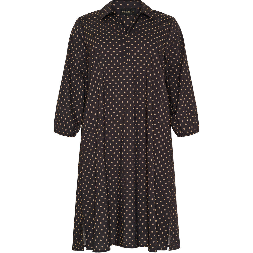 NO. 1 BY OX Dress w yoke and pleat and 3/4 sleeves Kjoler Black w Camel Dots