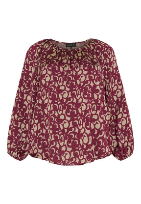 NO. 1 BY OX Elegant bluse Bluser Warm Sand w Syrah Red graphic print
