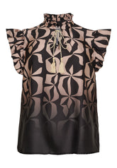 NO. 1 BY OX Elegant bluse med feminine detaljer Bluser Camel and Black Graphic print