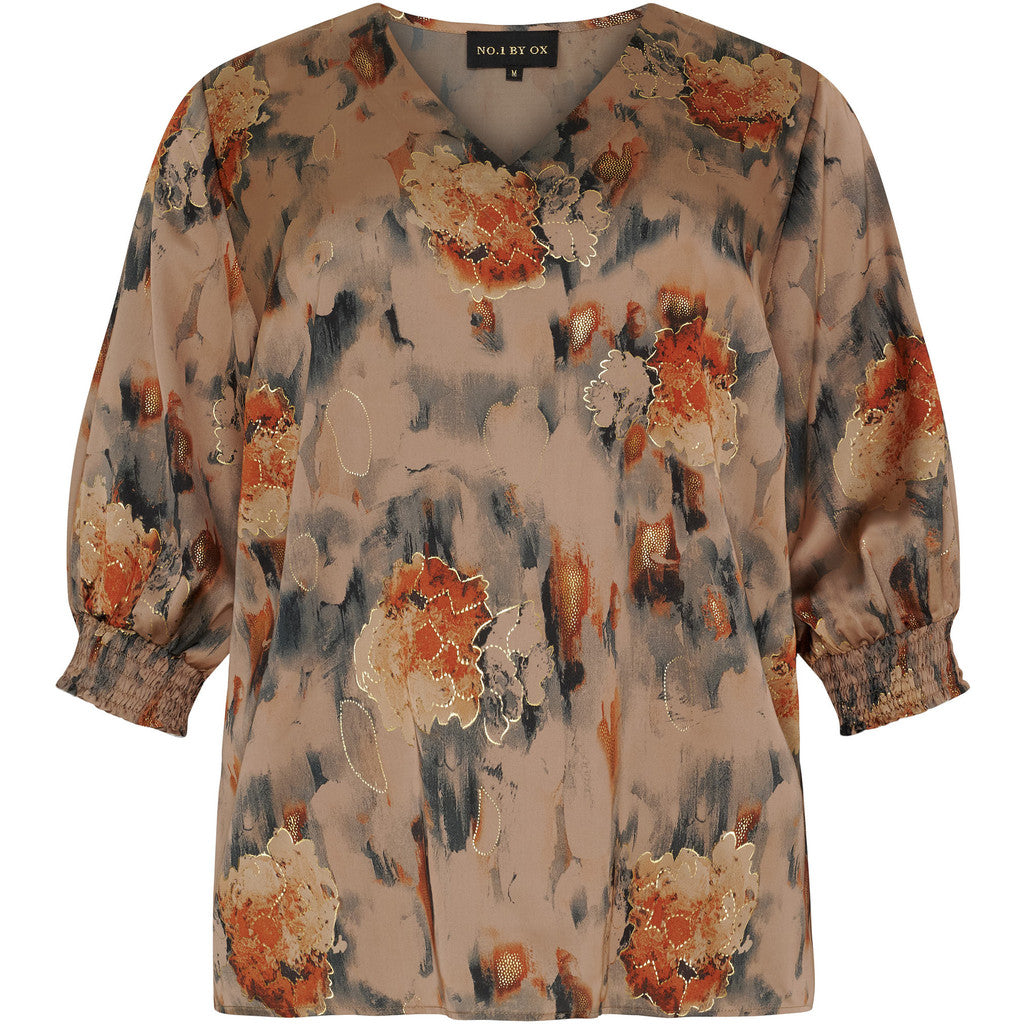 NO. 1 BY OX Elegant bluse med v-åbning Bluser Warm sand w Apricot flowers and gold foil