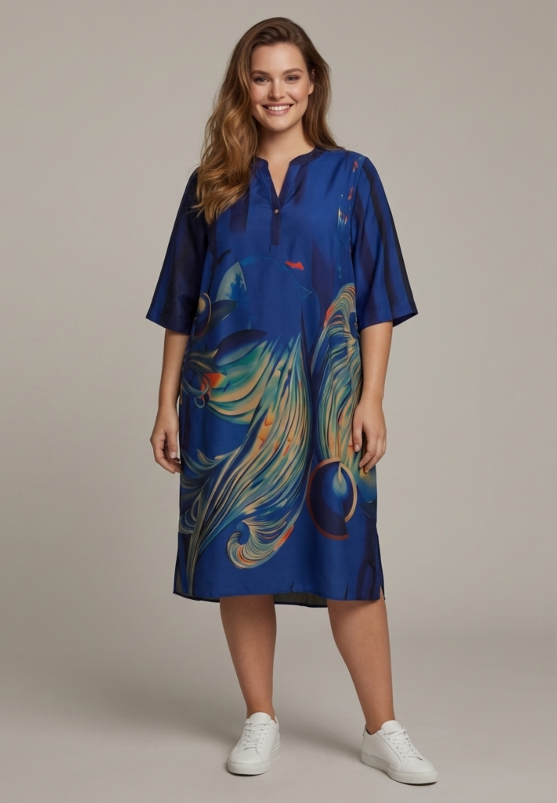 NO. 1 BY OX Elegant kjole Kjoler Dark Cobalt Blue w big graphic print