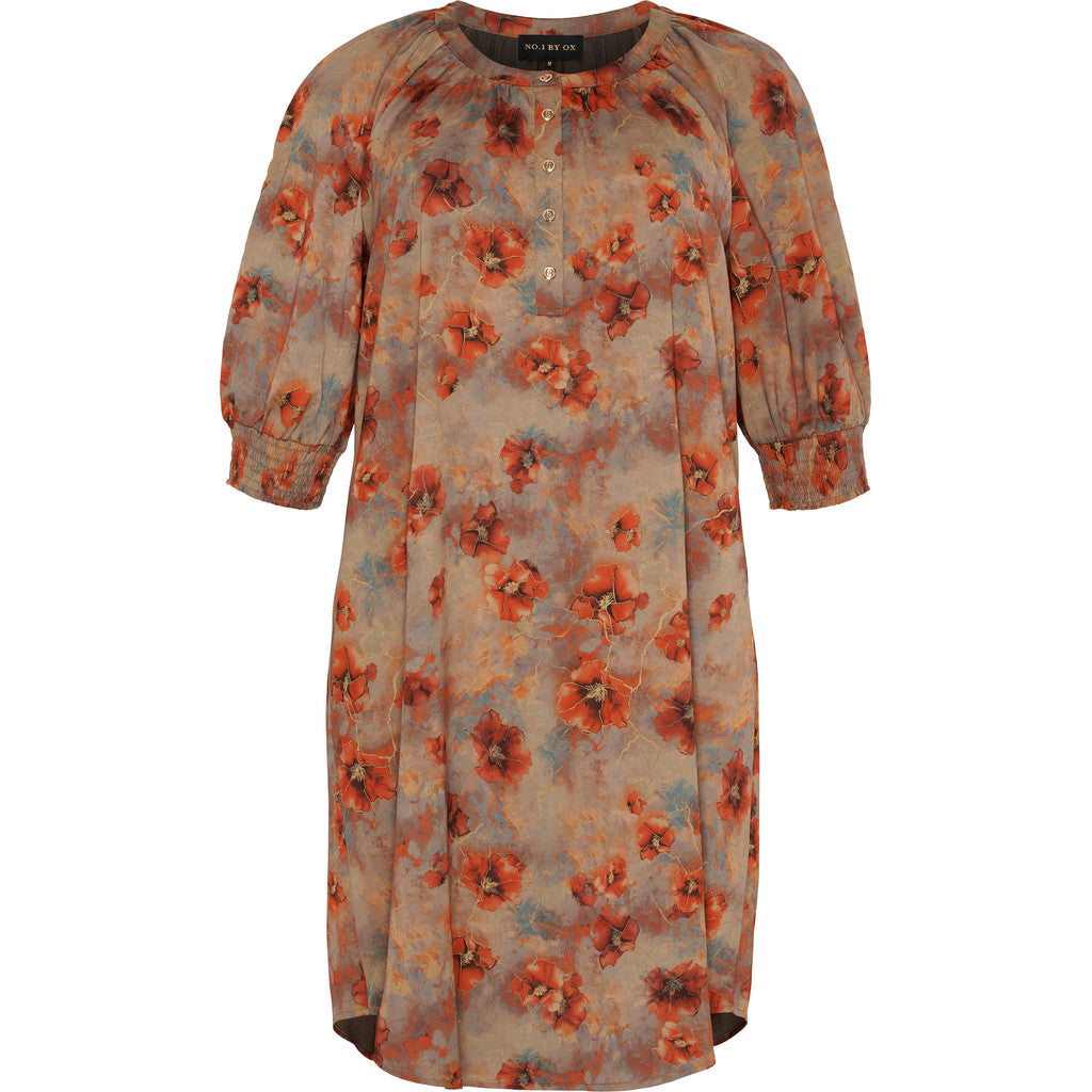NO. 1 BY OX Elegant kjole Kjoler Earth Brown w Red Flowers