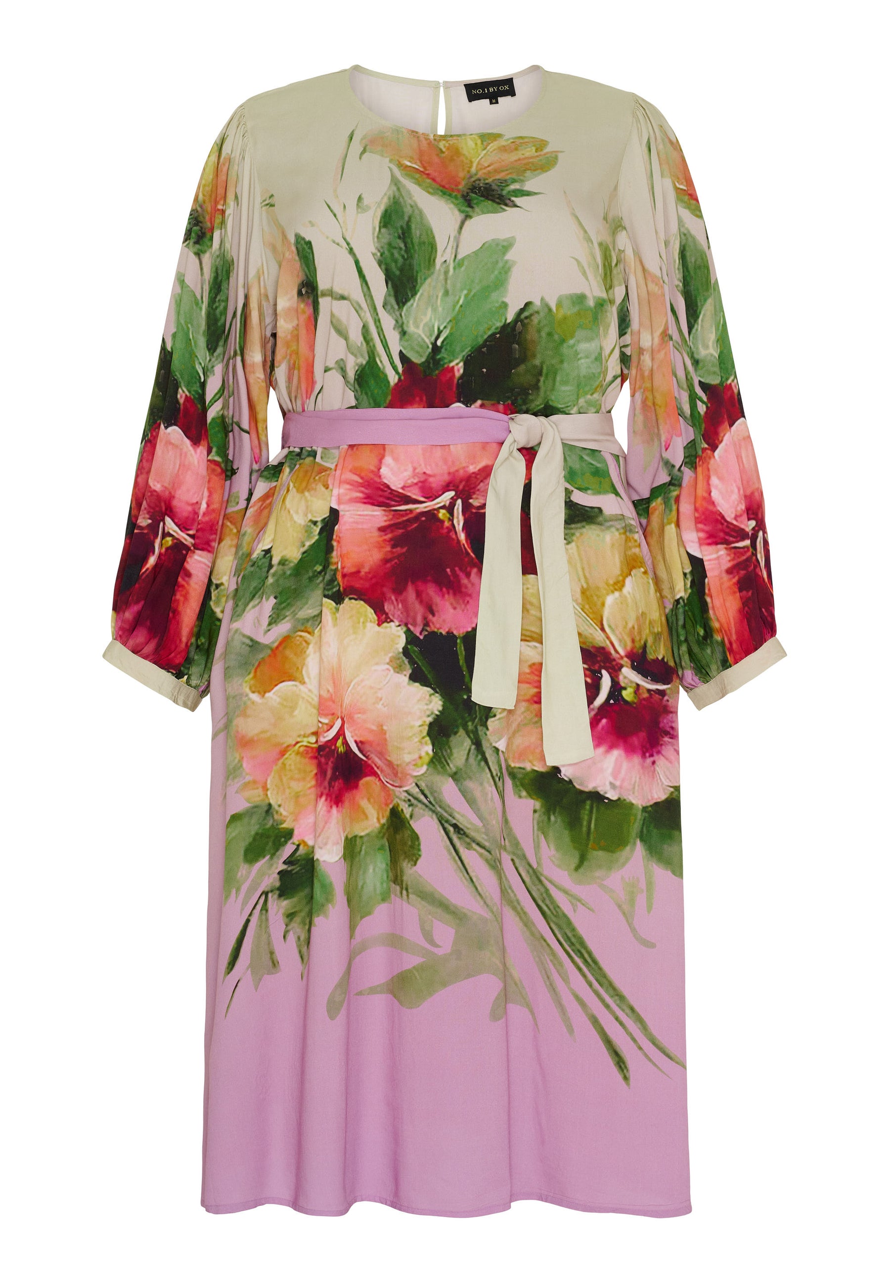 NO. 1 BY OX Elegant kjole med bindebånd Kjoler Sand with multicolored big flowers