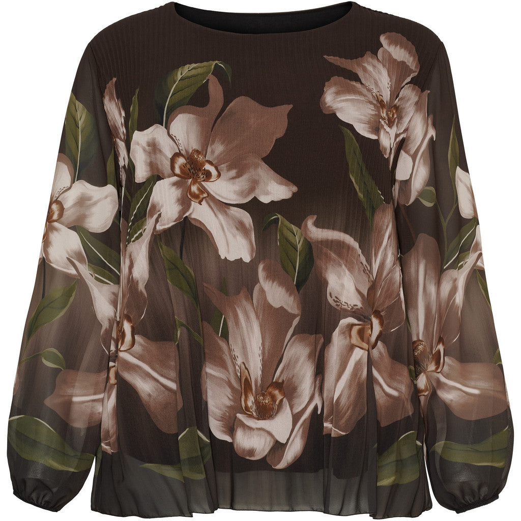 NO. 1 BY OX Elegant plisseret bluse Bluser Dark Brown w Big Flowers