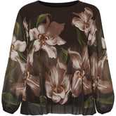 NO. 1 BY OX Elegant plisseret bluse Bluser Dark Brown w Big Flowers