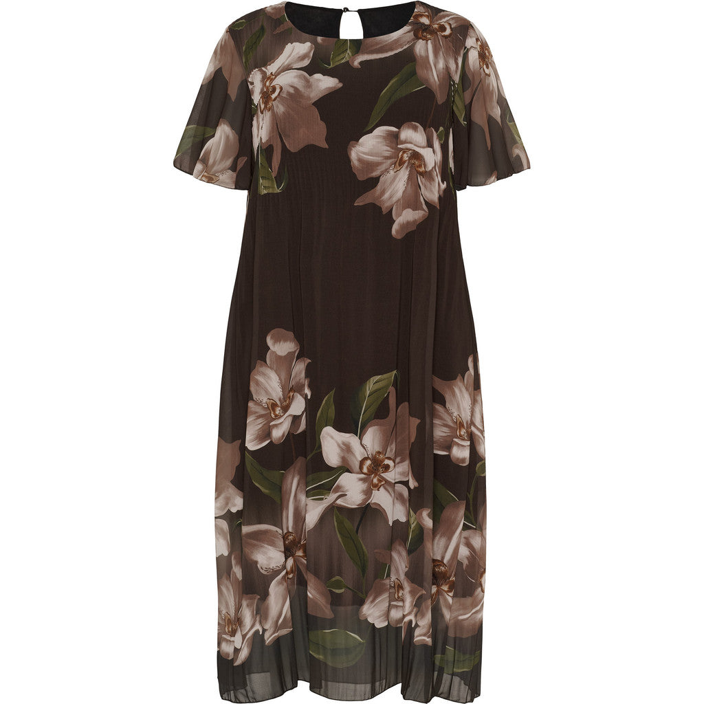 NO. 1 BY OX Elegant plisseret kjole Kjoler Dark Brown w Big Flowers