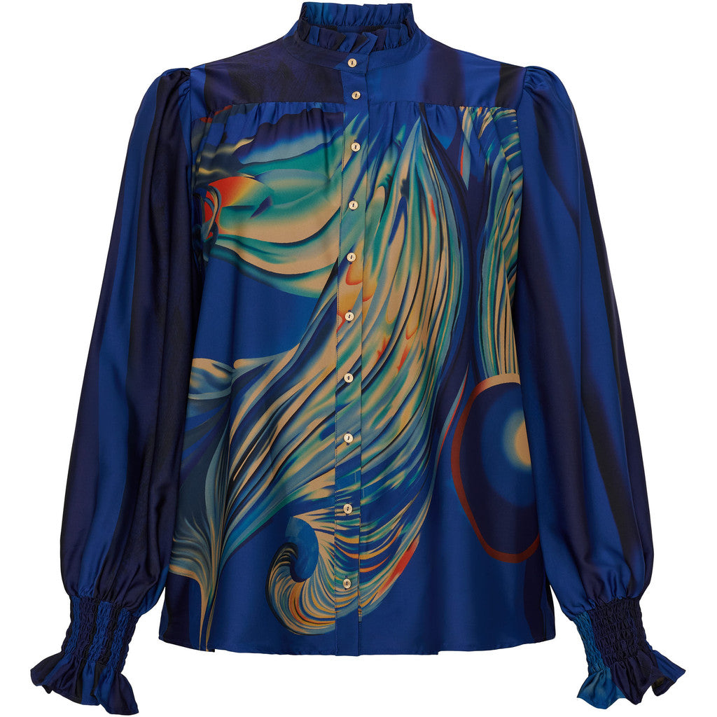 NO. 1 BY OX Elegant skjorte med fine flæsedetaljer Skjorter Dark Cobalt Blue w big graphic print