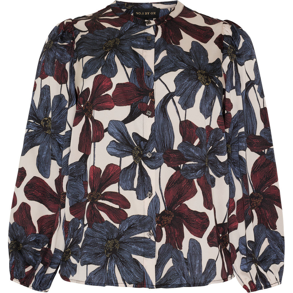 NO. 1 BY OX Feminin skjorte Skjorter Cream White W big Blue, Decadent Chocolate Flowers