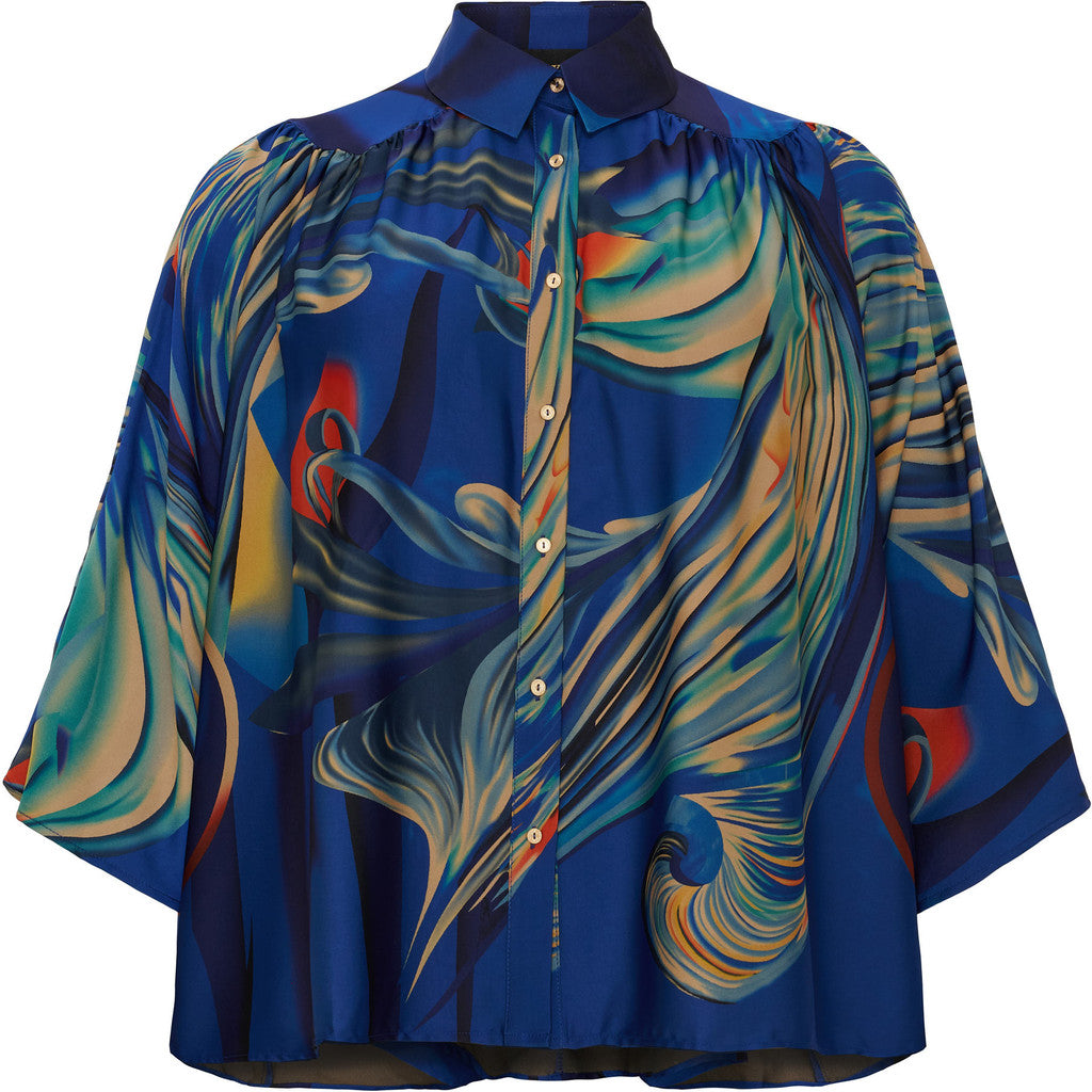 NO. 1 BY OX Kimono Blouse Bluser Dark Cobalt Blue w big graphic print