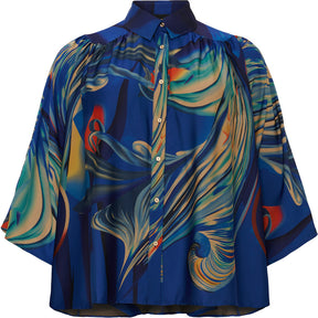 NO. 1 BY OX Kimono Blouse Bluser Dark Cobalt Blue w big graphic print