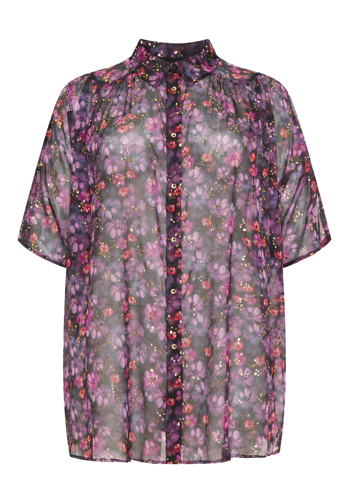 NO. 1 BY OX Kimono med gennemgående knapper Kimono Black w Purple, Gold Flowers