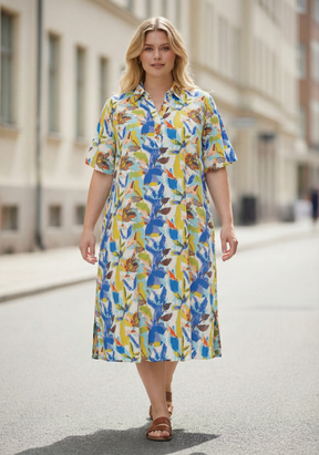 NO. 1 BY OX Kjole med klassisk krave Kjoler Cream w blue and yellow flowers