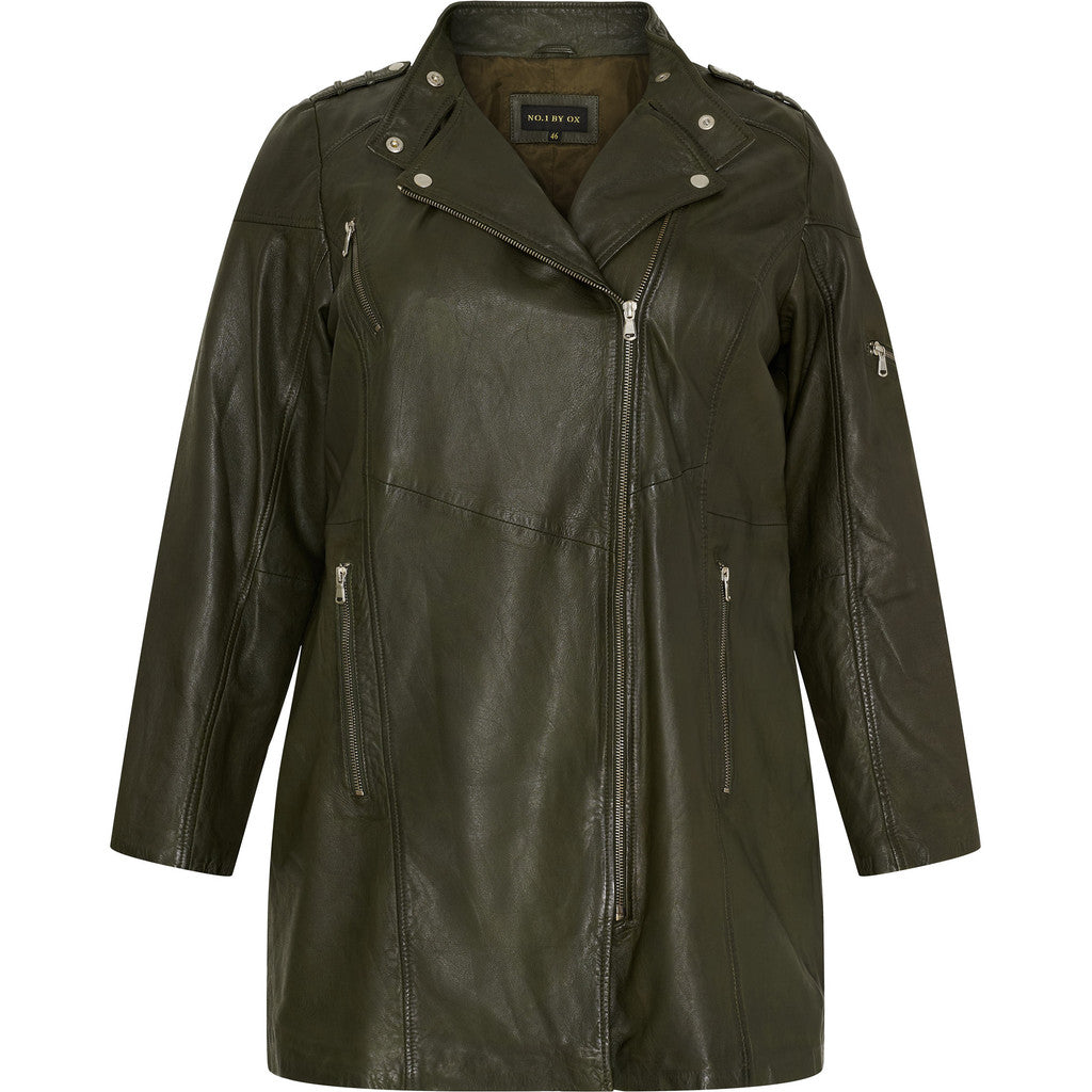 NO. 1 BY OX Lang bikerjakke (Str. 50-56) Frakker Dark Leaf Green w Silver acc.