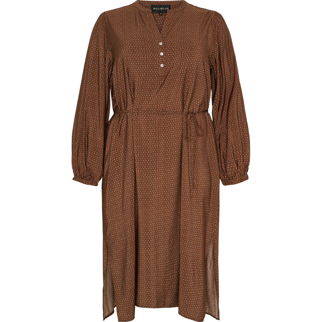 NO. 1 BY OX Long A shape dress w tie band Kjoler Brown w White Black Dots