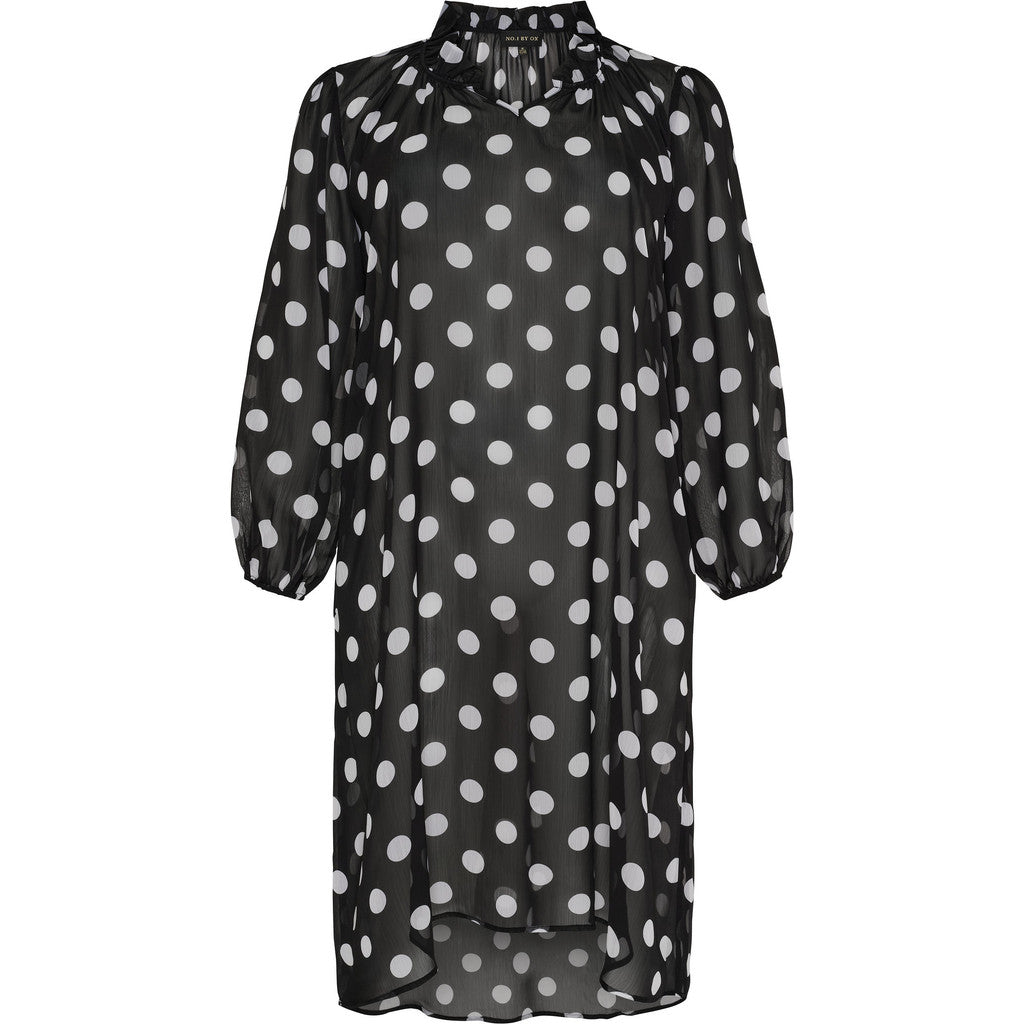 NO. 1 BY OX Long Dress LS w flair neckline Kjoler Black w White Dots