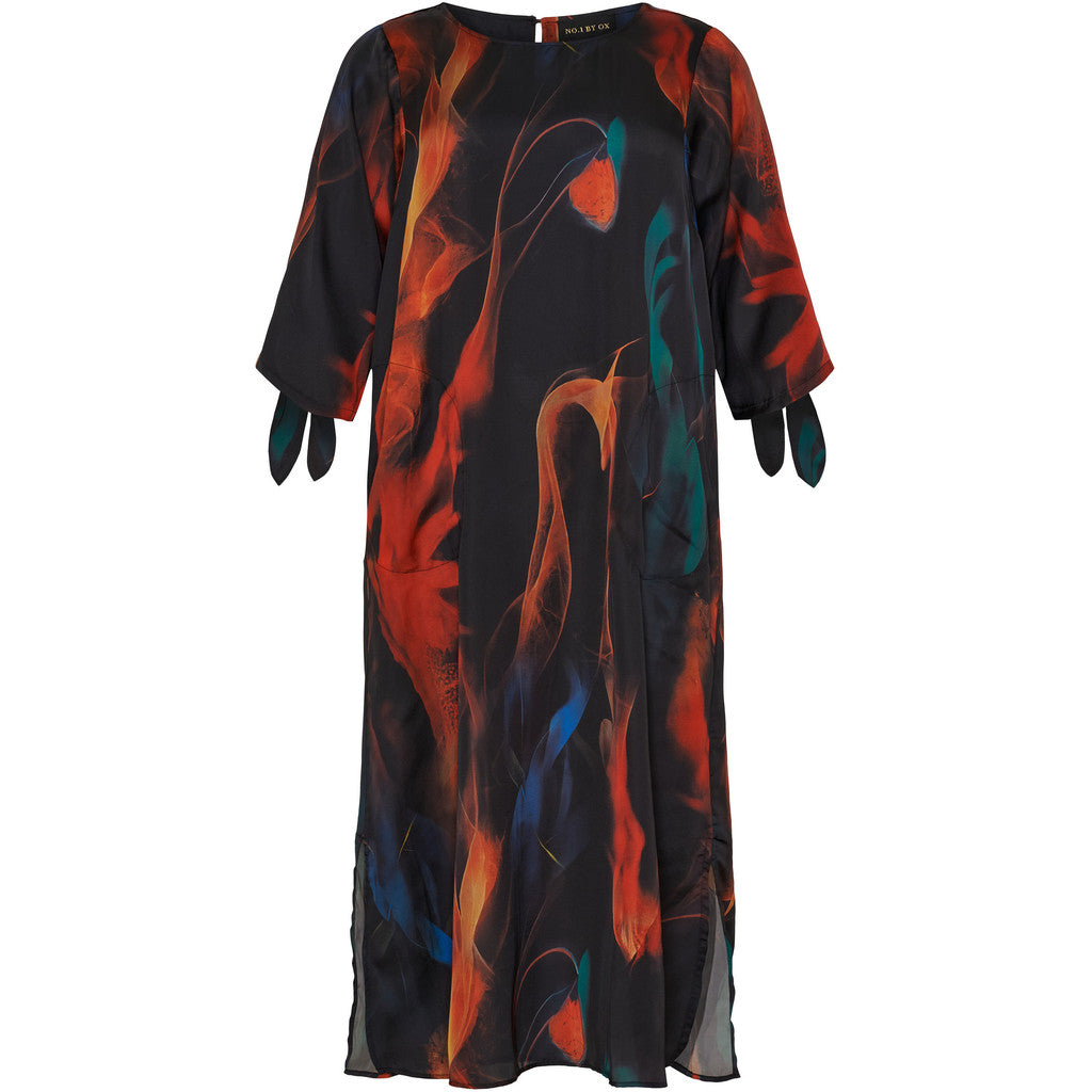 NO. 1 BY OX Long Dress w 1/2 wide sleeves and tie band Kjoler Flame coloured print