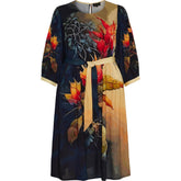 NO. 1 BY OX Long Dress w 3/4 puff sleeves Kjoler Dark Blue w Red Flowers