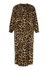 NO. 1 BY OX Long Dress w 3/4 sleeves and smock cuffs Kjoler Mocca Brown Leo Print