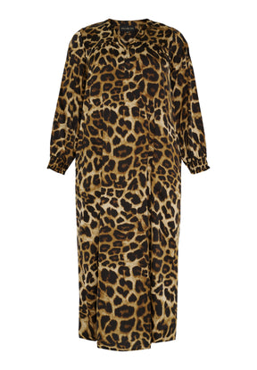 NO. 1 BY OX Long Dress w 3/4 sleeves and smock cuffs Kjoler Mocca Brown Leo Print