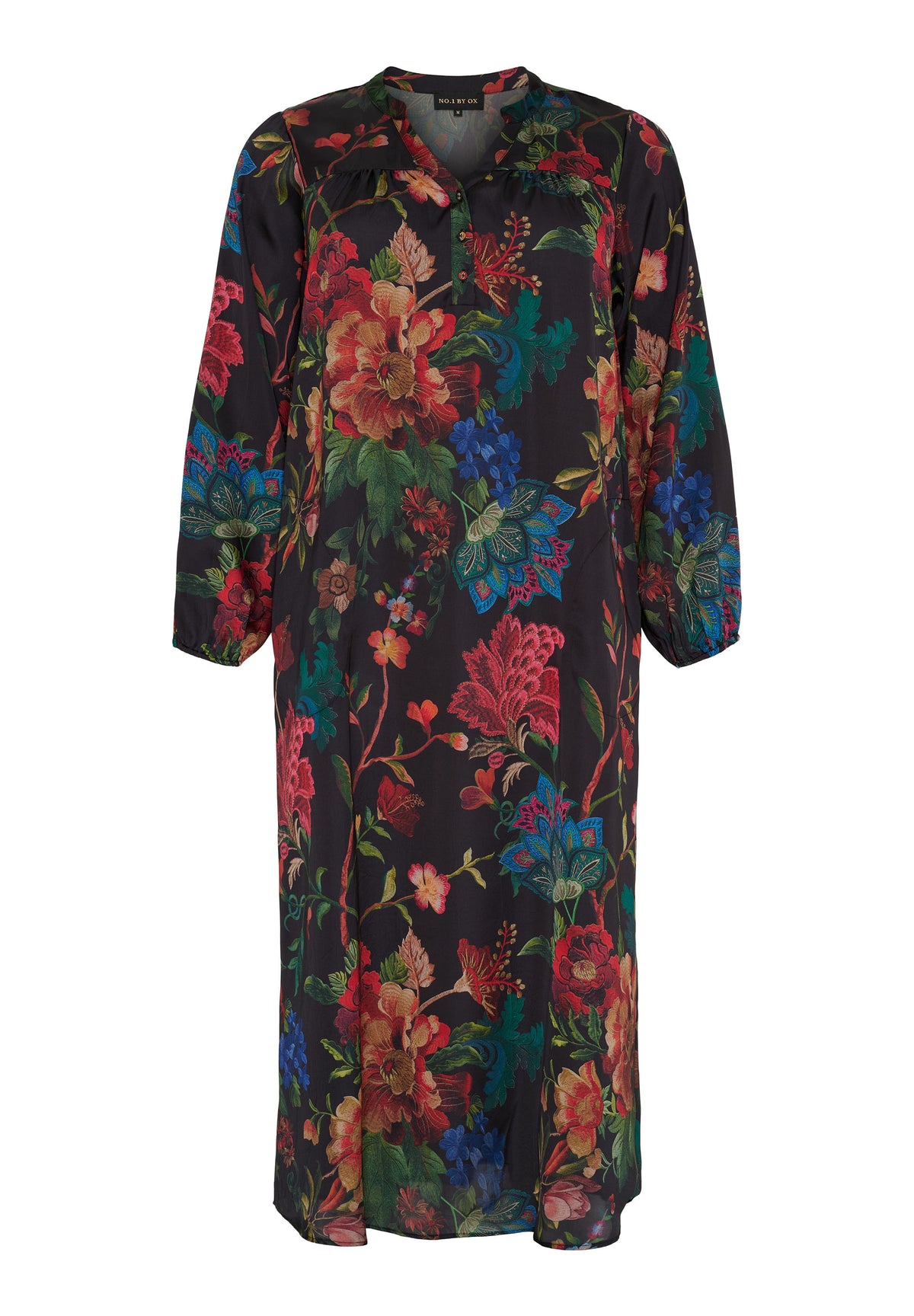 NO. 1 BY OX Long Dress w LS and elastic in cuffs Kjoler Black w multicolored flowers