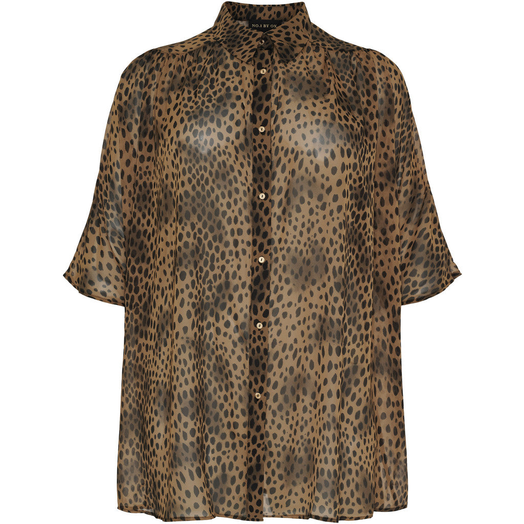 NO. 1 BY OX Long Loose batwing Blouse Bluser Camel Brown w Black Dots