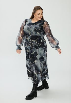 NO. 1 BY OX Long Mesh Dress w lining Kjoler Black and Grey graphic print