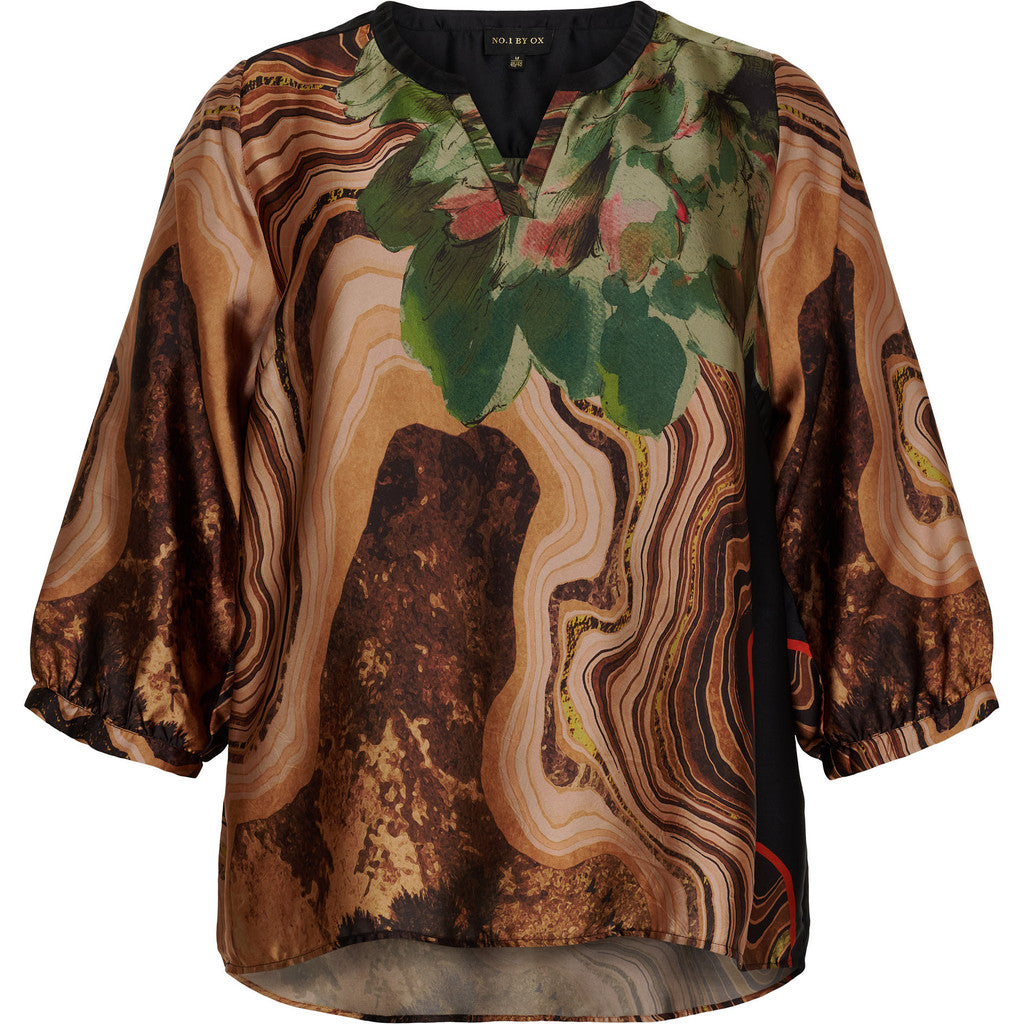 NO. 1 BY OX Loose Blouse V neck and 3/4 sleeves Bluser Black w Flower and Canyon Brown vibes