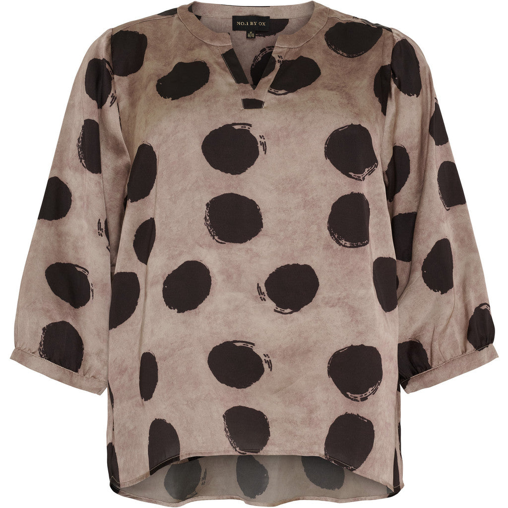 NO. 1 BY OX Loose Blouse V neck and 3/4 sleeves Bluser Light Camel w Big Black Dots