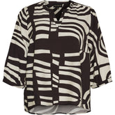 NO. 1 BY OX Loose Blouse V neck and 3/4 sleeves Bluser Cream White w Dark Brown graphic pattern