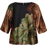 NO. 1 BY OX Loose Blouse w wide sleeves and button in cuffs Bluser Black w Flower and Canyon Brown vibes