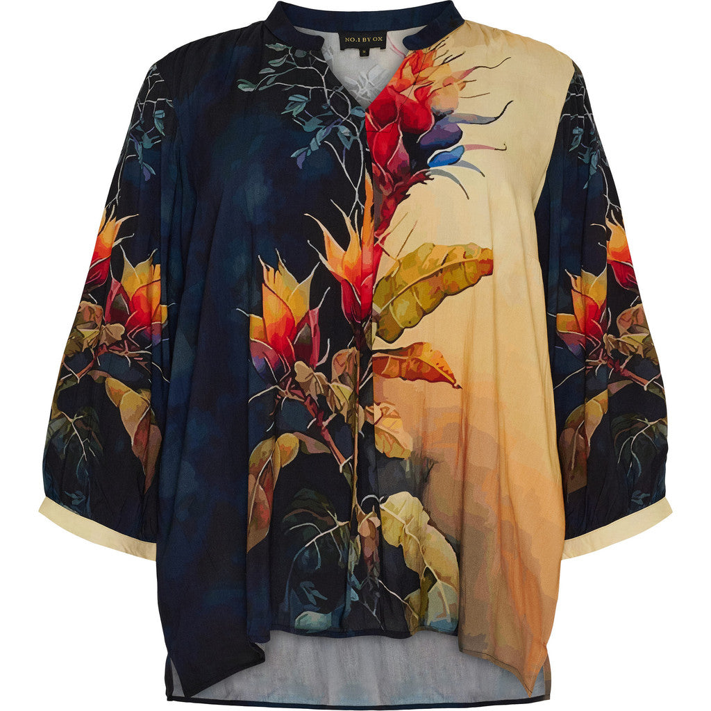 NO. 1 BY OX Loose v neck blouse and 3/4 sleeves Bluser Dark Blue w Red Flowers