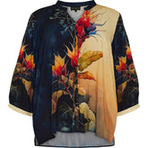 NO. 1 BY OX Loose v neck blouse and 3/4 sleeves Bluser Dark Blue w Red Flowers