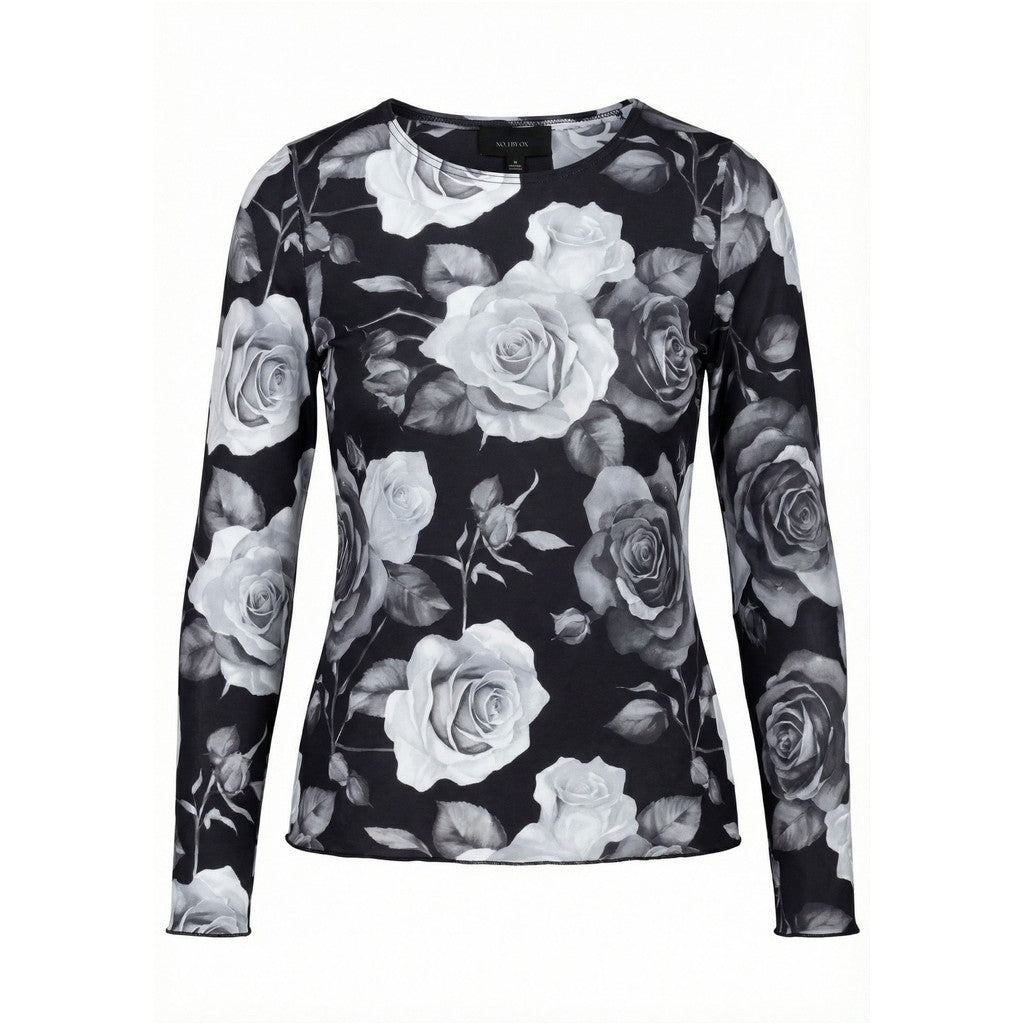 NO. 1 BY OX Mesh O neck Blouse LS Bluser Grey Black big Flowers