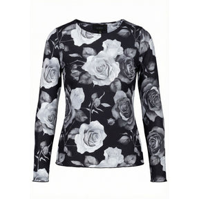 NO. 1 BY OX Mesh O neck Blouse LS Bluser Grey Black big Flowers