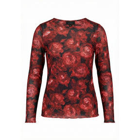 NO. 1 BY OX Mesh O neck Blouse LS Bluser Red Black Flowers
