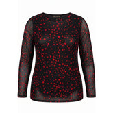 NO. 1 BY OX Mesh O neck Blouse LS Bluser Black w Red Hearts