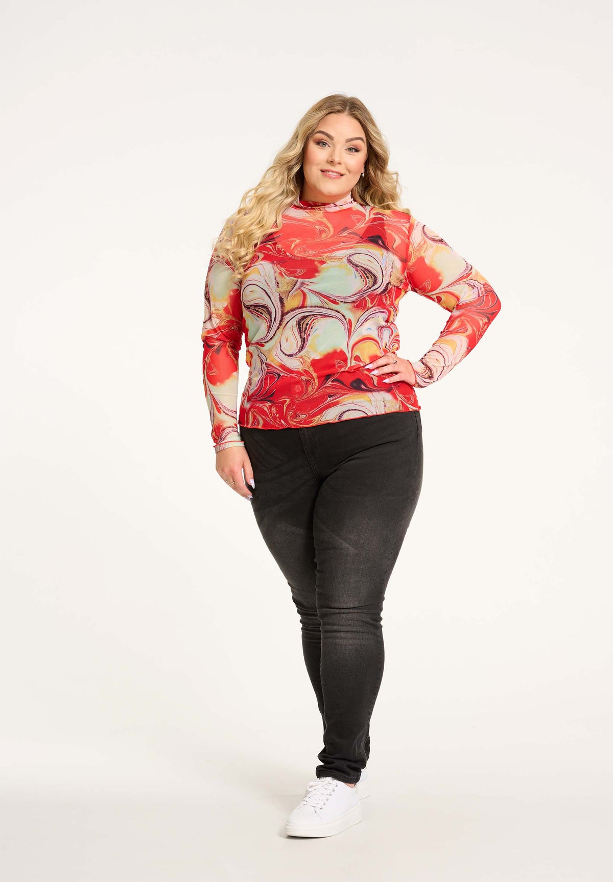 NO. 1 BY OX Mesh bluse med grafisk print Bluser Rød