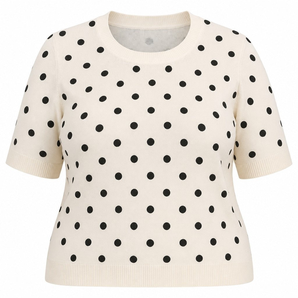 NO. 1 BY OX O neck knit SS Blouse w dots Knit Beige