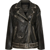 NOTYZ Oversized bikerjakke med bælte Jakker Black/White w. Silver acc.