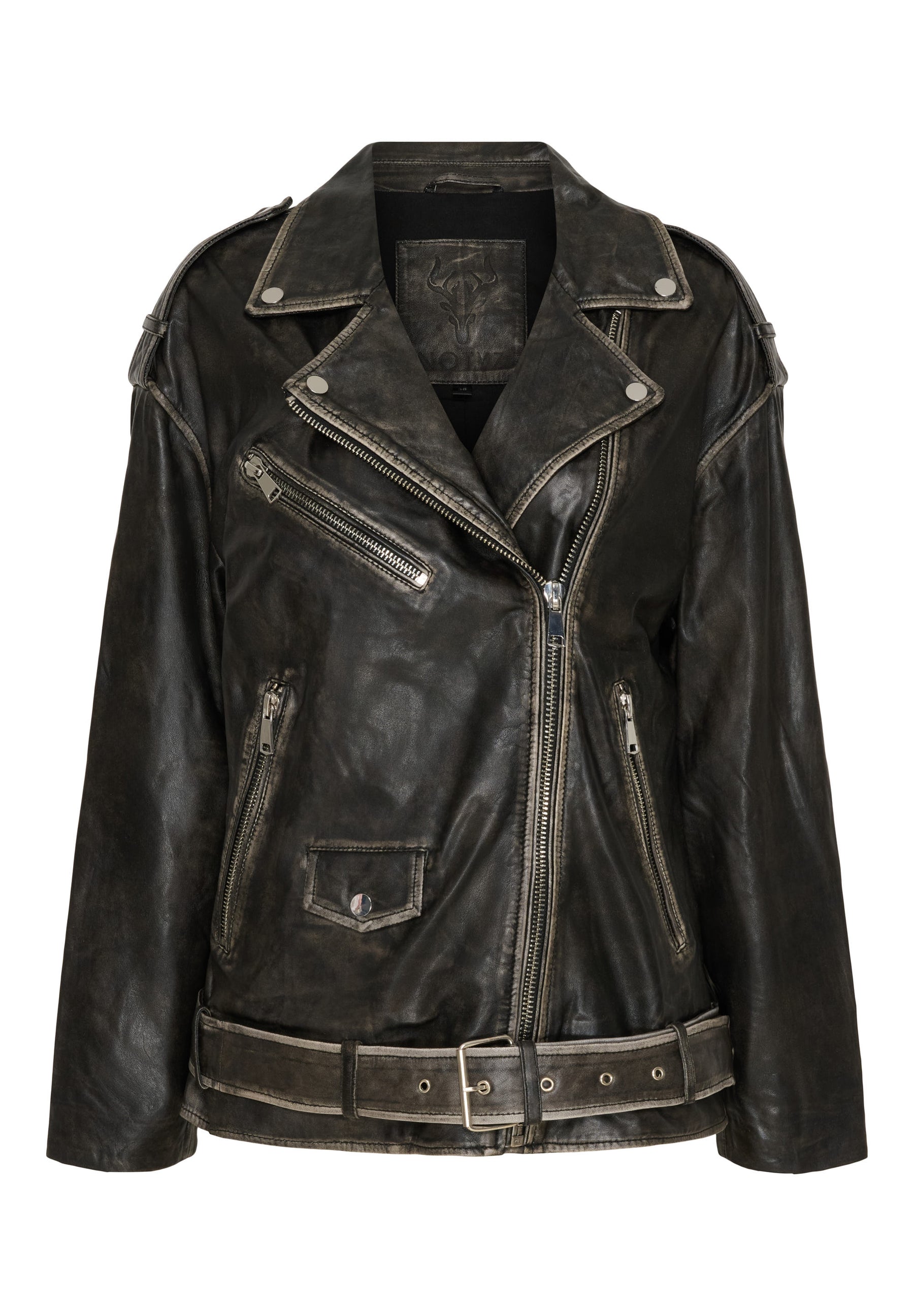 NOTYZ Oversized bikerjakke med bælte Jakker Black/White w. Silver acc.