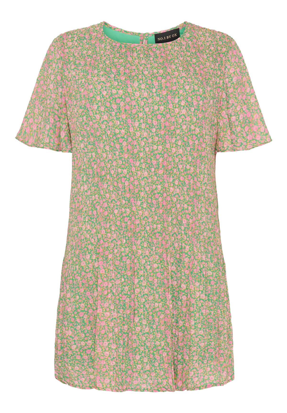 NO. 1 BY OX Pleated Dress w 1/2 flair sleeves Kjoler Spring Green w Rose Pink Flowers