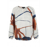 NO. 1 BY OX Raglan Blouse LS placket w buttons Bluser Beige w Caramel Brown Blue graphic print