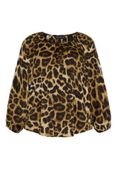 NO. 1 BY OX Raglanbluse med Rynker ved Hals og 3/4 Ærmer Bluser Mocca Brown Leo Print