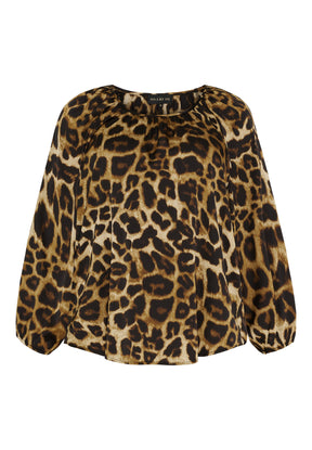 NO. 1 BY OX Raglanbluse med Rynker ved Hals og 3/4 Ærmer Bluser Mocca Brown Leo Print