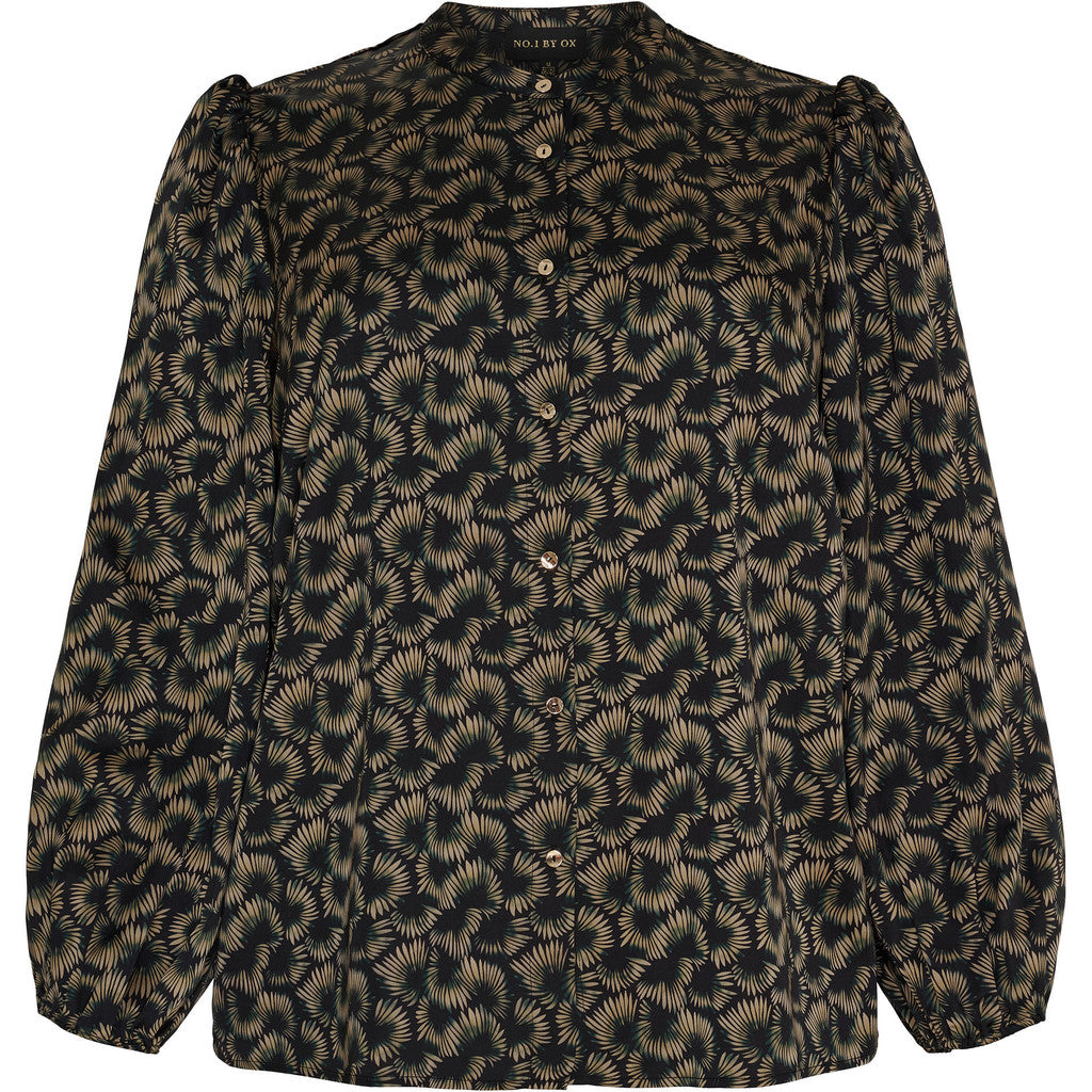 NO. 1 BY OX Shirt LS puff sleeves Bluser Black w Camel Green graphic pattern