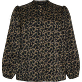 NO. 1 BY OX Shirt LS puff sleeves Bluser Black w Camel Green graphic pattern