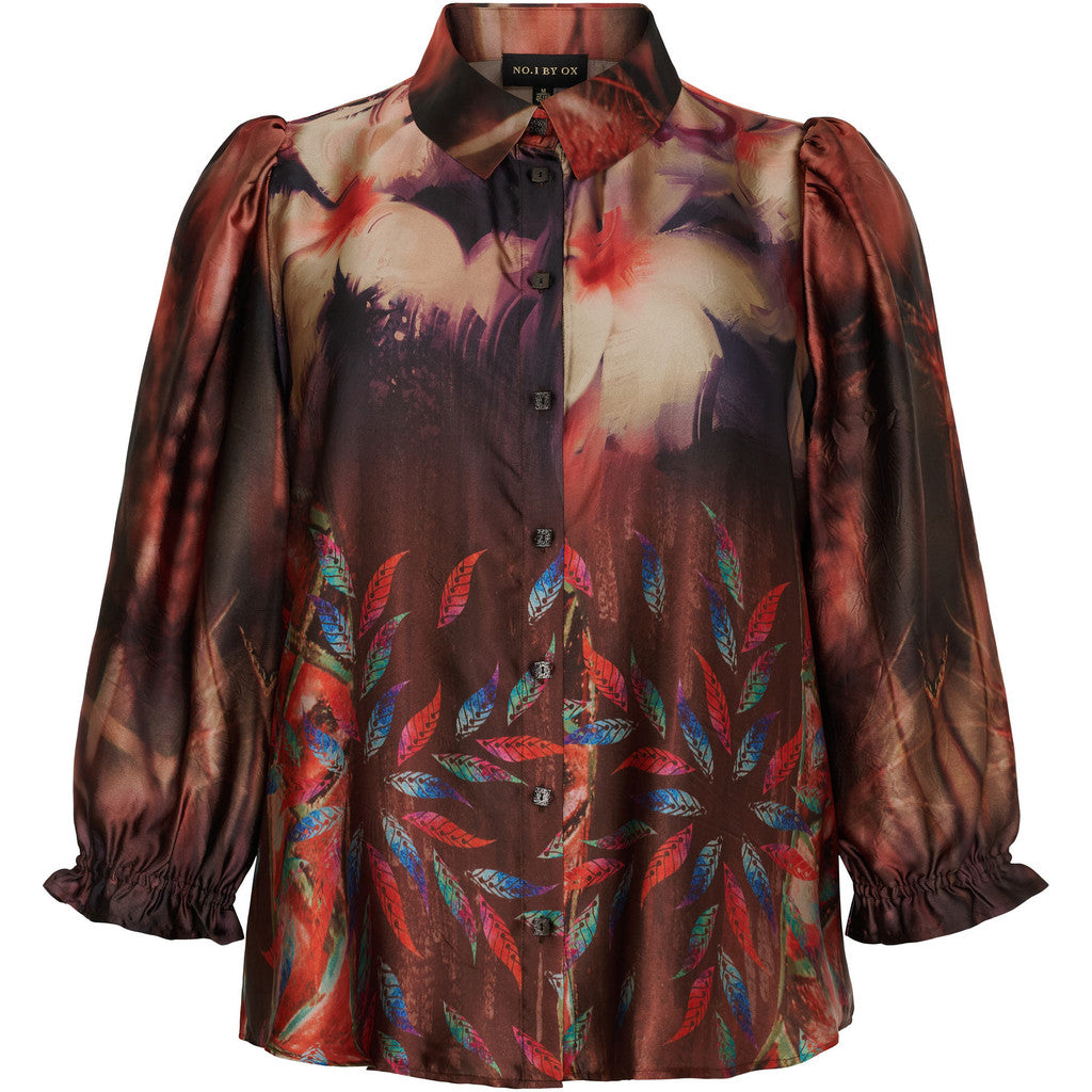 NO. 1 BY OX Shirt w 3/4 puff sleeves Skjorter Deep Red w Meadow flowers