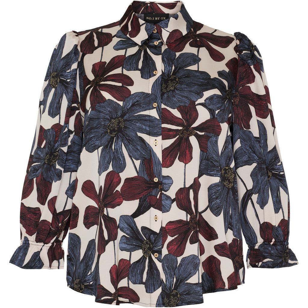 NO. 1 BY OX Skjorte med 3/4 ærmer Skjorter Cream White W big Blue, Decadent Chocolate Flowers